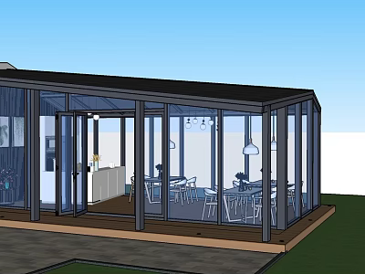 Modern Glass Garden Sunroom With Transparent Walls And Outdoor Seating Area 3d model