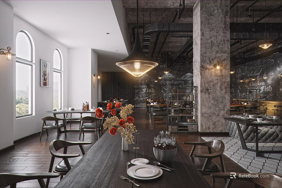 Modern Restaurant Interior With Wooden Dining Table Metal Chairs Pendant Lights And Floral Decor 3d model 