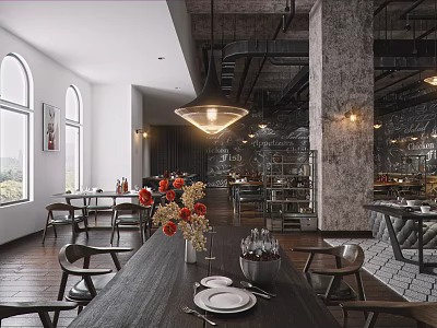 Modern Restaurant Interior With Wooden Dining Table Metal Chairs Pendant Lights And Floral Decor 3d model