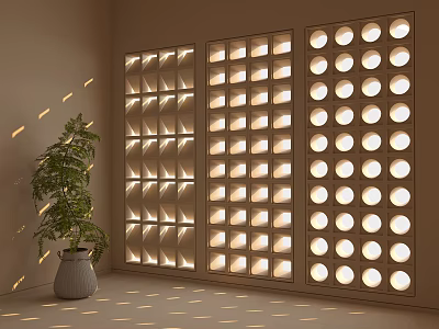 Modern Interior Partition With Lit Circular And Square Cutouts And Potted Plant Decoration 3d model