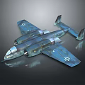 Blue Twin Engine Airplane with White Cross on Wings Metallic Finish Reflective Surface Dark Background