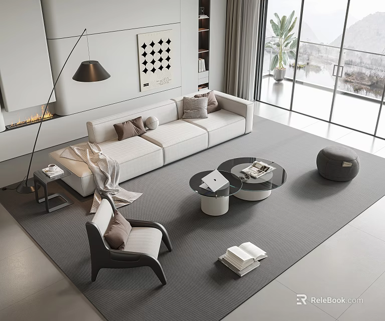 Modern Living Room Sofa and Coffee Table Set With Cushions Floor Lamp and Large Windows 3d model 