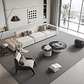 Modern Living Room Sofa and Coffee Table Set With Cushions Floor Lamp and Large Windows