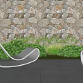 Outdoor Lounge Chairs With Modern Design Against Stone Wall And Green Bushes