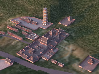 Ancient Chinese Architectural Complex With Traditional Pagoda Historic Buildings And Green Hills In Aerial View 3d model
