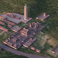 Ancient Chinese Architectural Complex With Traditional Pagoda Historic Buildings And Green Hills In Aerial View