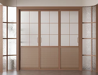 New Chinese-style sliding door glass door with quiet wind wooden door rattan door kitchen door patio door 3d model