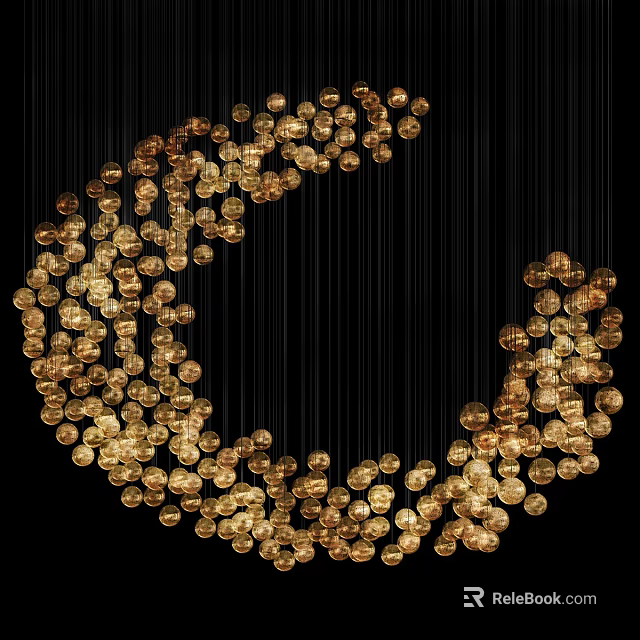 Golden Chandelier with Small Crystal Beads Arranged in Moon Shaped Design Against Black Background 3d model 