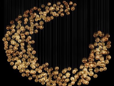 Golden Chandelier with Small Crystal Beads Arranged in Moon Shaped Design Against Black Background 3d model