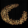 Golden Chandelier with Small Crystal Beads Arranged in Moon Shaped Design Against Black Background