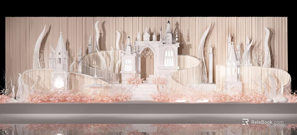 Elegant Banquet Hall Interior Design With White Castle Decor Pink Flowers And Staircase 3d model 
