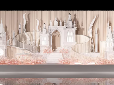 Elegant Banquet Hall Interior Design With White Castle Decor Pink Flowers And Staircase 3d model