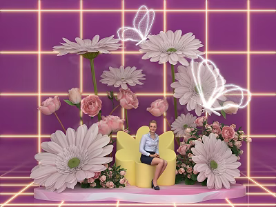 Photo Check in Spot with Glowing Butterflies White Daisies Pink Roses Yellow Chair Purple Background 3d model