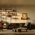 Cozy Living Room With Black Sofa Coffee Table Wall Shelves Sunlight And Wooden Chair Decorations