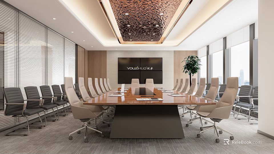 Modern Conference Room Interior Design With Long Table Chairs Large Screen And Ceiling Decor 3d model 