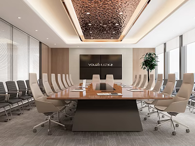 Modern Conference Room Interior Design With Long Table Chairs Large Screen And Ceiling Decor 3d model