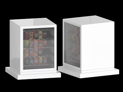 White Glass Door Refrigerator Freezers Showcasing Various Colorful Canned Drinks Inside 3d model