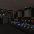 Modern KTV Lounge Interior With Red Neon Ceiling Black White Geometric Walls And LED Glass Tables