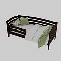 Single Bed with Dark Wooden Frame White Sheets Green and Striped Pillows and Blanket