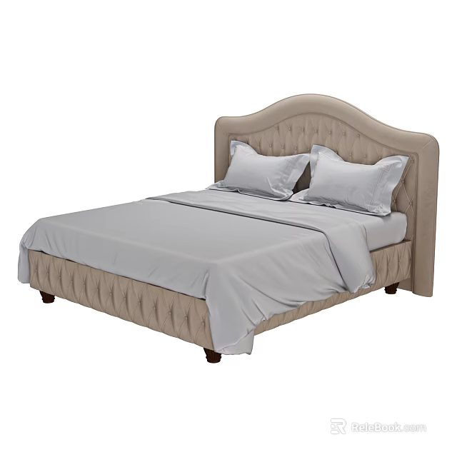 Elegant Double Bed With Tufted Beige Headboard Two Gray Pillows And Light Gray Bedspread 3d model