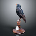 Black Bird Standing On Brown Wooden Base With White Tag