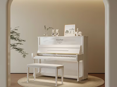 Elegant White Upright Piano With Bench On Round Rug And Decorative Items 3d model