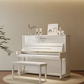 Elegant White Upright Piano With Bench On Round Rug And Decorative Items