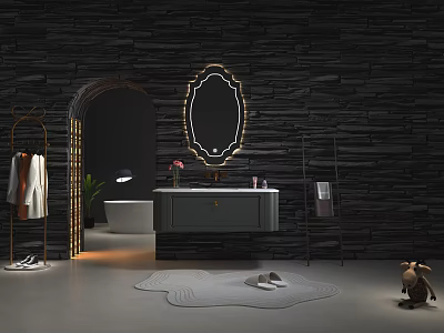 Modern Bathroom Combination With Black Stone Wall Oval Backlit Mirror Vanity And Bathtub 3d model
