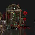 Romantic Decorative Scene With Golden Birdcage Red Roses Greenery Decorative Tables And Petals