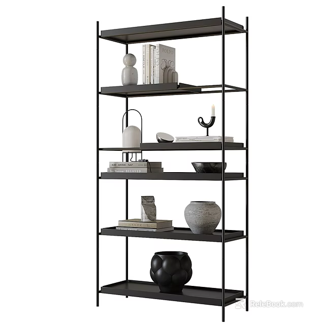 Modern Black Metal Multi Tiered Shelf With Decorative Vases Books And Candle Holder 3d model 