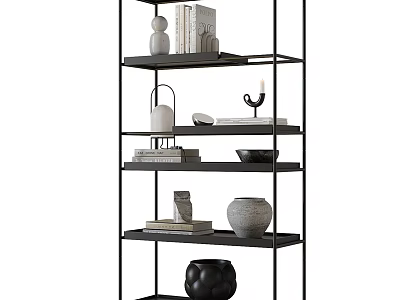 Modern Black Metal Multi Tiered Shelf With Decorative Vases Books And Candle Holder 3d model