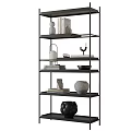 Modern Black Metal Multi Tiered Shelf With Decorative Vases Books And Candle Holder