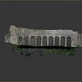 Ancient Stone Wall Ruins with Multiple Arches Green Plants and Surface Reflection