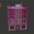 Red and Brown Building Model with Multiple Windows Arched Door and Roof Terrace Structure