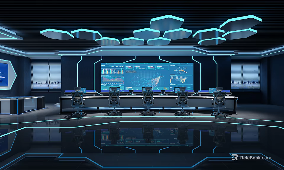 Futuristic Control Room With Large Monitoring Screens Control Desks And Blue Lighting 3d model 
