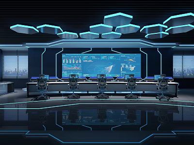 Futuristic Control Room With Large Monitoring Screens Control Desks And Blue Lighting 3d model