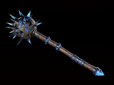 Unique Decorative Ornament Set With Blue Spikes Wooden Handle And Intricate Craftsmanship 3d model