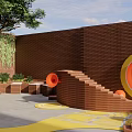 Brick Garden Landscape With Tree Steps Orange Circular Structures And Yellow Ground Patterns 3d model