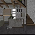 Warm Café Interior Design With Wooden Beams Staircase And Rattan Decor
