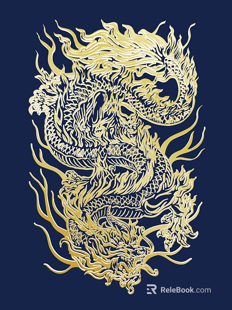 Golden Dragon Pattern Wall Decor With Flames And Flowers On Dark Blue Background 3d model 