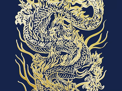 Golden Dragon Pattern Wall Decor With Flames And Flowers On Dark Blue Background 3d model