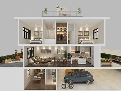 Aerial Planning of Residential Layout With Living Room Kitchen Bedrooms Balcony Garage and Garden 3d model