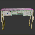 Vintage White Distressed Desk With Three Drawers And Curved Legs
