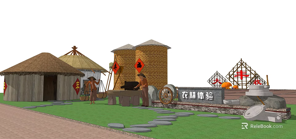 Traditional Farm Experience With Thatched Huts Scarecrows Grain Towers Stone Mill And People Working 3d model 