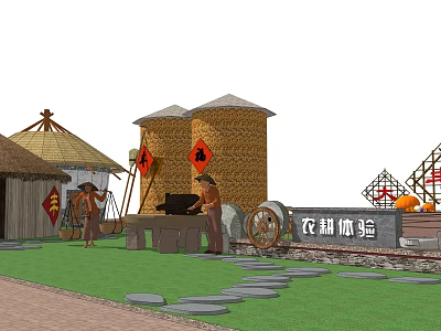 Traditional Farm Experience With Thatched Huts Scarecrows Grain Towers Stone Mill And People Working 3d model