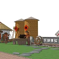Traditional Farm Experience With Thatched Huts Scarecrows Grain Towers Stone Mill And People Working