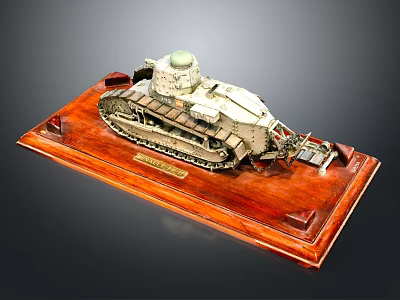 Detailed Military Vehicle Tank Model with Tracks and Turret on Wooden Display Base 3d model