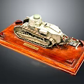 Detailed Military Vehicle Tank Model with Tracks and Turret on Wooden Display Base