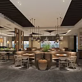 Modern Restaurant Interior Design With Bar Counter Hanging Lights And Sofa Seating 3d model