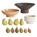 Fresh Green and Red Pears in Various Colored Ceramic Bowls for Home Kitchen